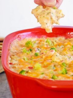 This hot, baked broccoli cheese dip is easy to mix up and can be made ahead of time. Everyone will love this appetizer served with crackers, chips or veggies!