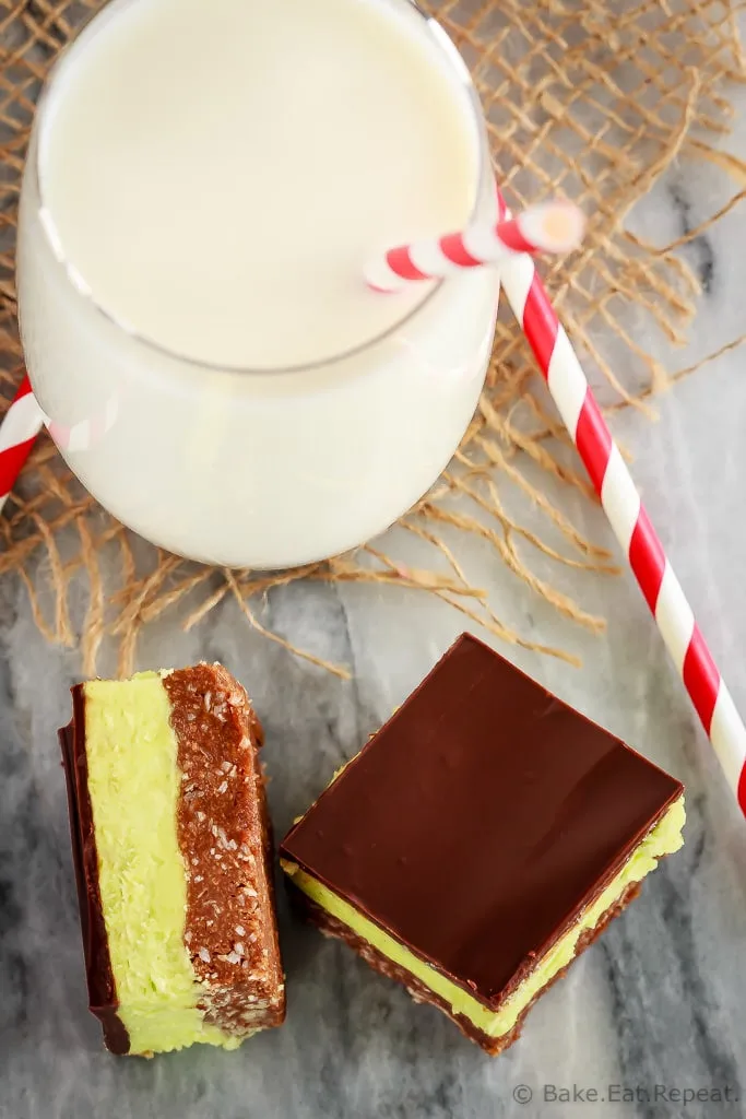 These mint Nanaimo bars are an easy to make, no bake treat that is perfect for your Christmas cookie tray. Perfect dessert with a big glass of milk!