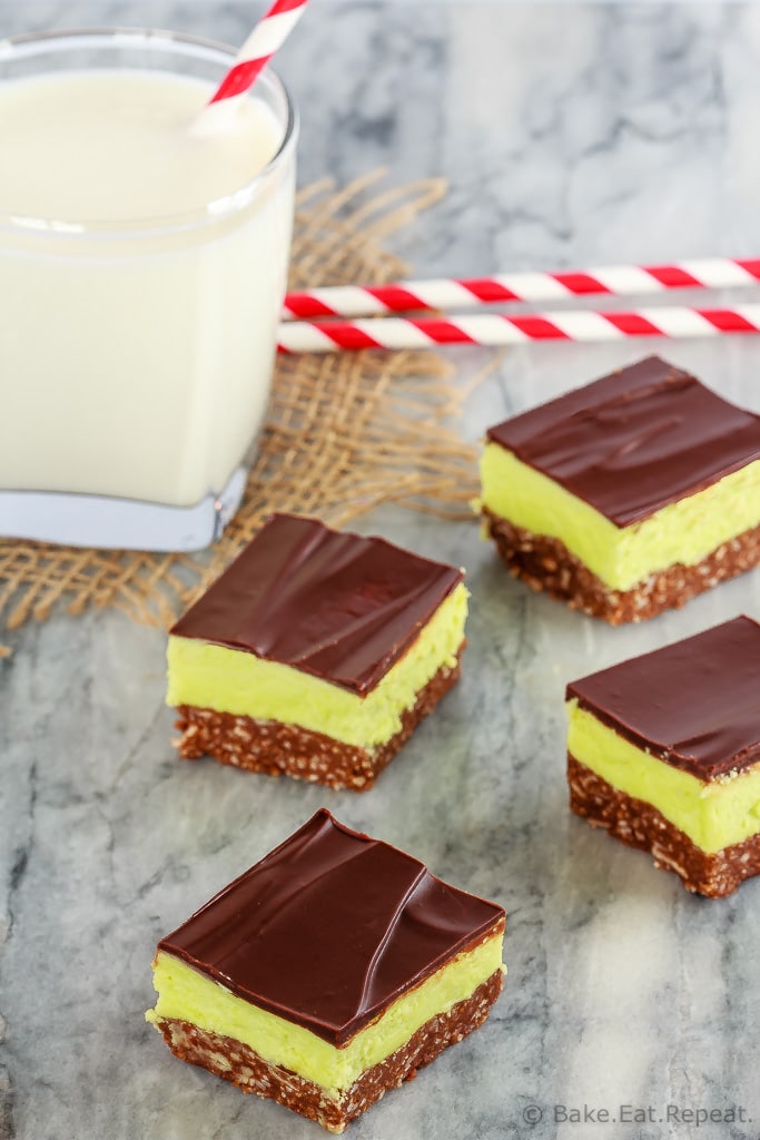 These mint Nanaimo bars are an easy to make, no bake treat that is perfect for your Christmas cookie tray. Perfect dessert with a big glass of milk!