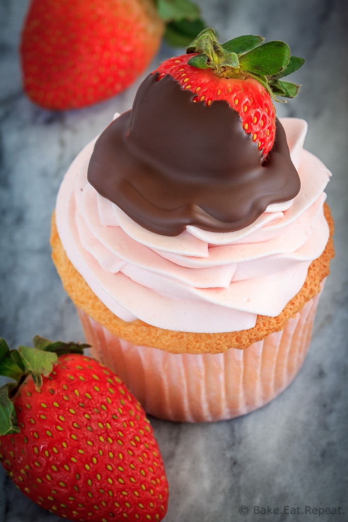 These chocolate covered strawberry cupcakes are the perfect sweet treat for Valentine's Day - angel food cupcakes with strawberry whipped cream frosting!