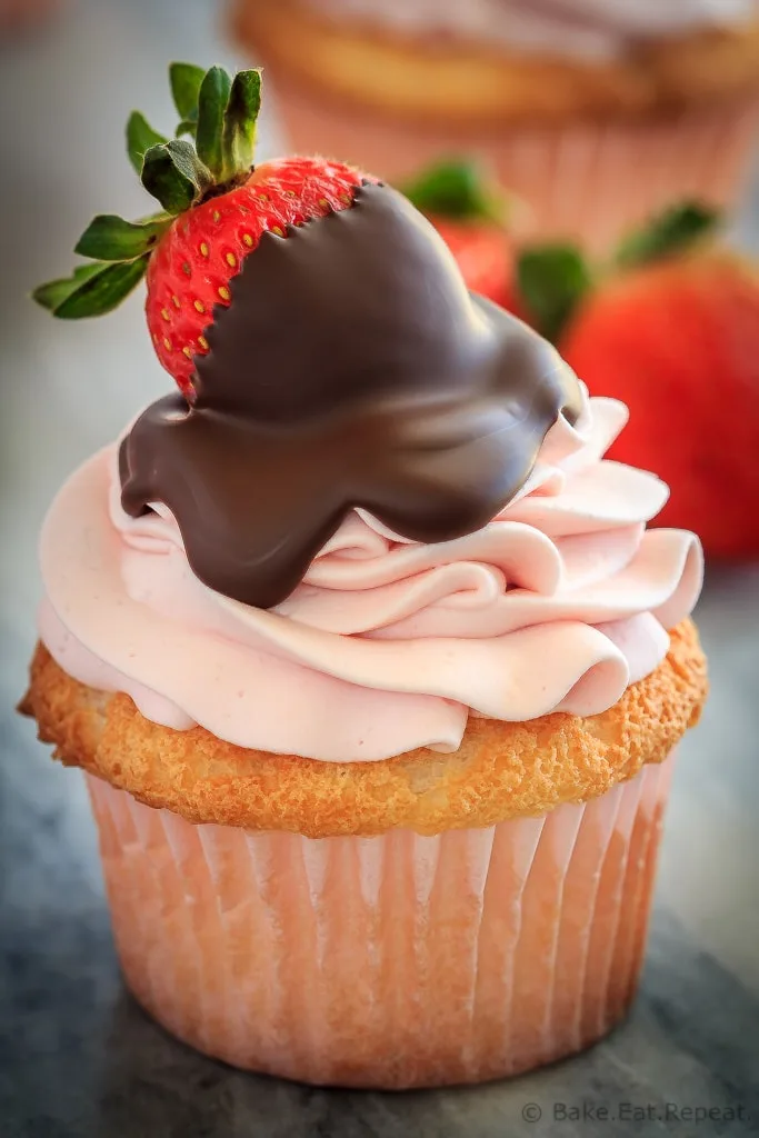 These chocolate covered strawberry cupcakes are the perfect sweet treat for Valentine's Day - angel food cupcakes with strawberry whipped cream frosting!