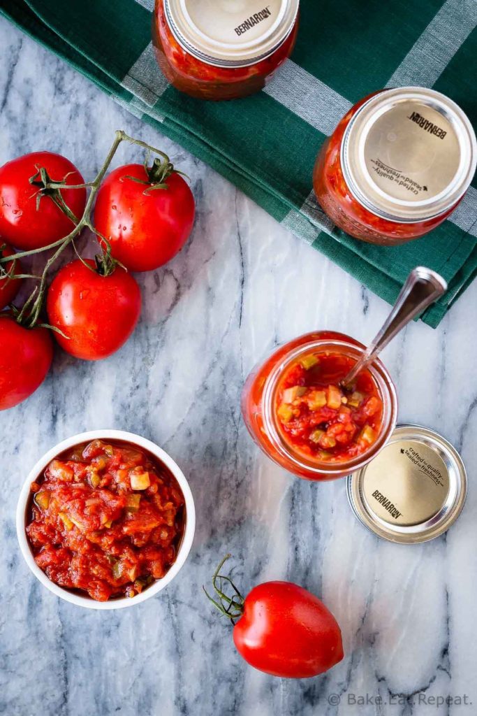 This homemade salsa is so much better then anything you can buy at the store, and is easy to make. You can even can it at home with a water bath canner so you can enjoy fresh tasting, homemade salsa all year long! (It also freezes well if canning isn't your thing!)