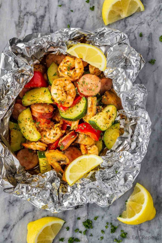 These Cajun shrimp and sausage foil packets are easy to make, have easy clean-up, and are perfect for a quick weeknight meal, or for a meal while camping.