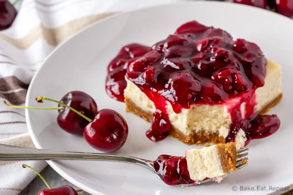 These easy cherry cheesecake bars make the perfect summer dessert - decadent cheesecake topped with a fresh cherry sauce!