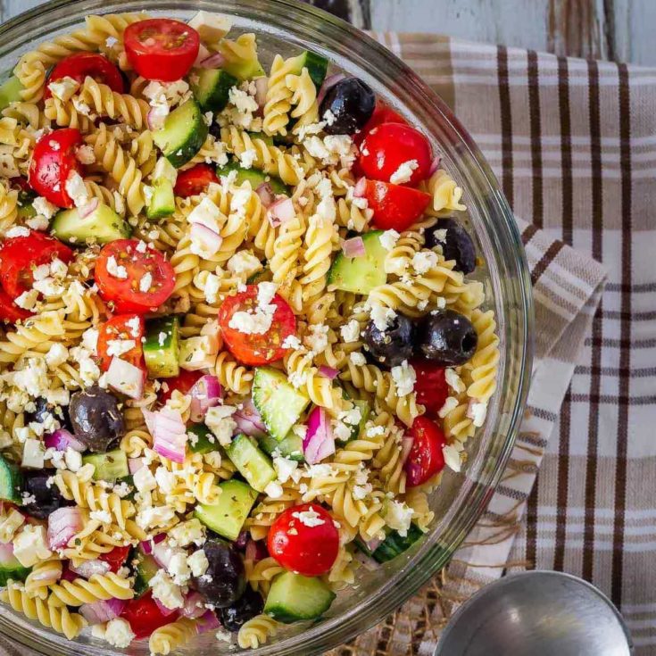 This Greek pasta salad is the perfect side dish - quick and easy to make and everyone loves it! Add protein like chicken or shrimp to make it a full meal!