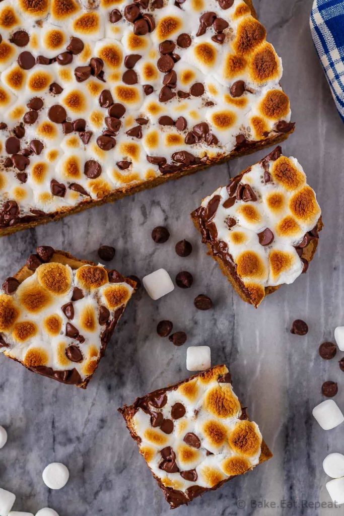 These s'mores bars are the best way to enjoy s'mores without a campfire! Quick and easy to make, they make the perfect dessert or snack!