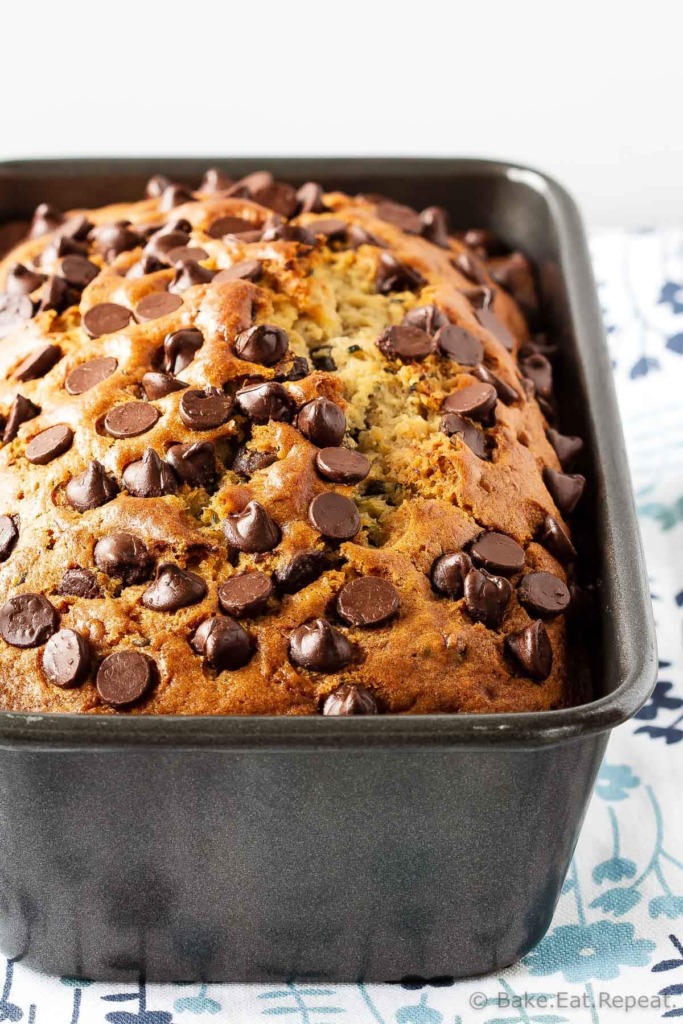 This chocolate chip zucchini bread is moist and flavourful, and filled with chocolate chips. Easy to make, it mixes up in minutes and everyone will love it!