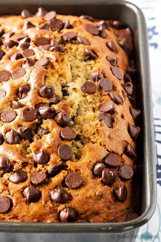 This chocolate chip zucchini bread is moist and flavourful, and filled with chocolate chips. Easy to make, it mixes up in minutes and everyone will love it!