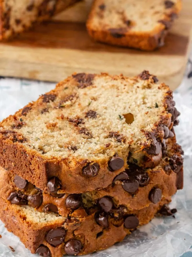 This chocolate chip zucchini bread is moist and flavourful, and filled with chocolate chips. Easy to make, it mixes up in minutes and everyone will love it!