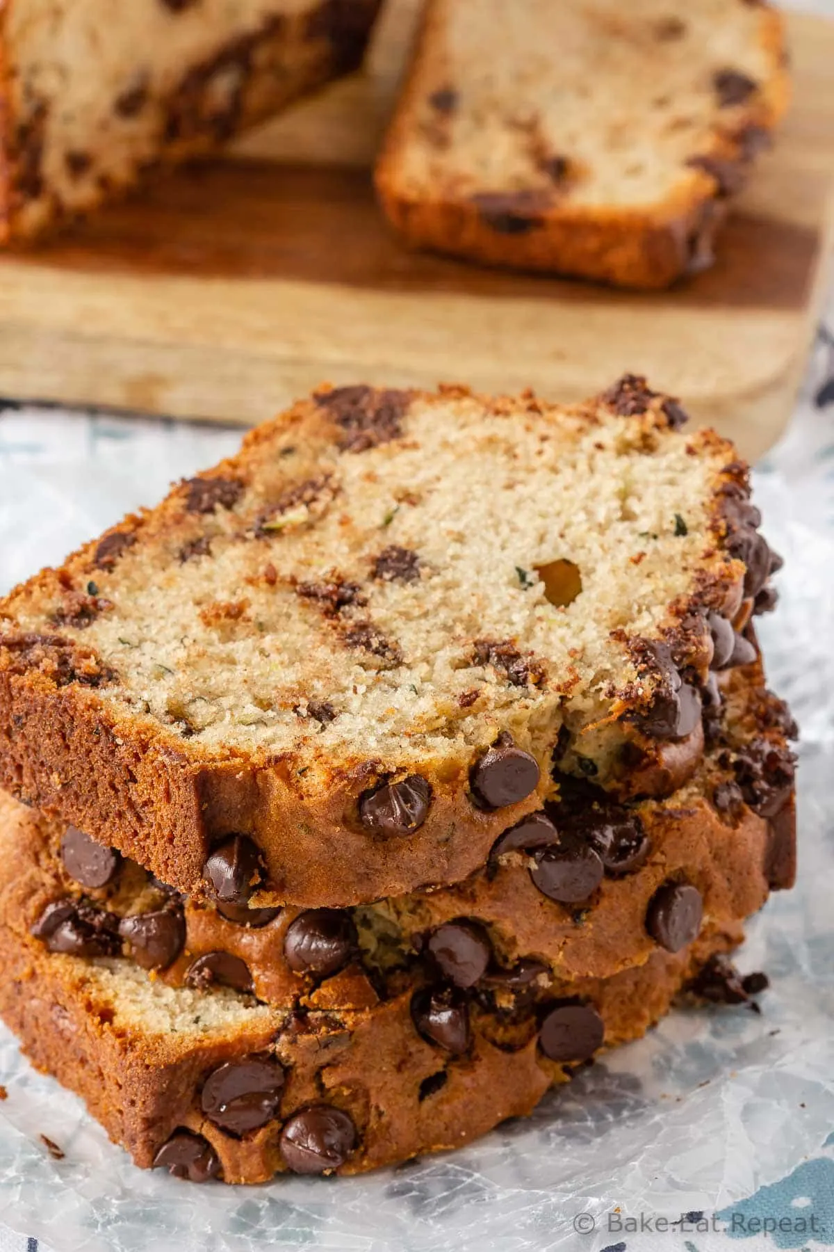 This chocolate chip zucchini bread is moist and flavourful, and filled with chocolate chips. Easy to make, it mixes up in minutes and everyone will love it!