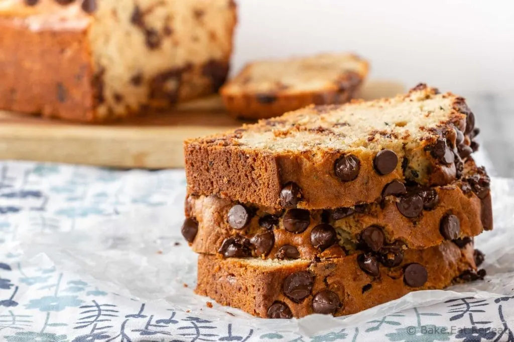 This chocolate chip zucchini bread is moist and flavourful, and filled with chocolate chips. Easy to make, it mixes up in minutes and everyone will love it!