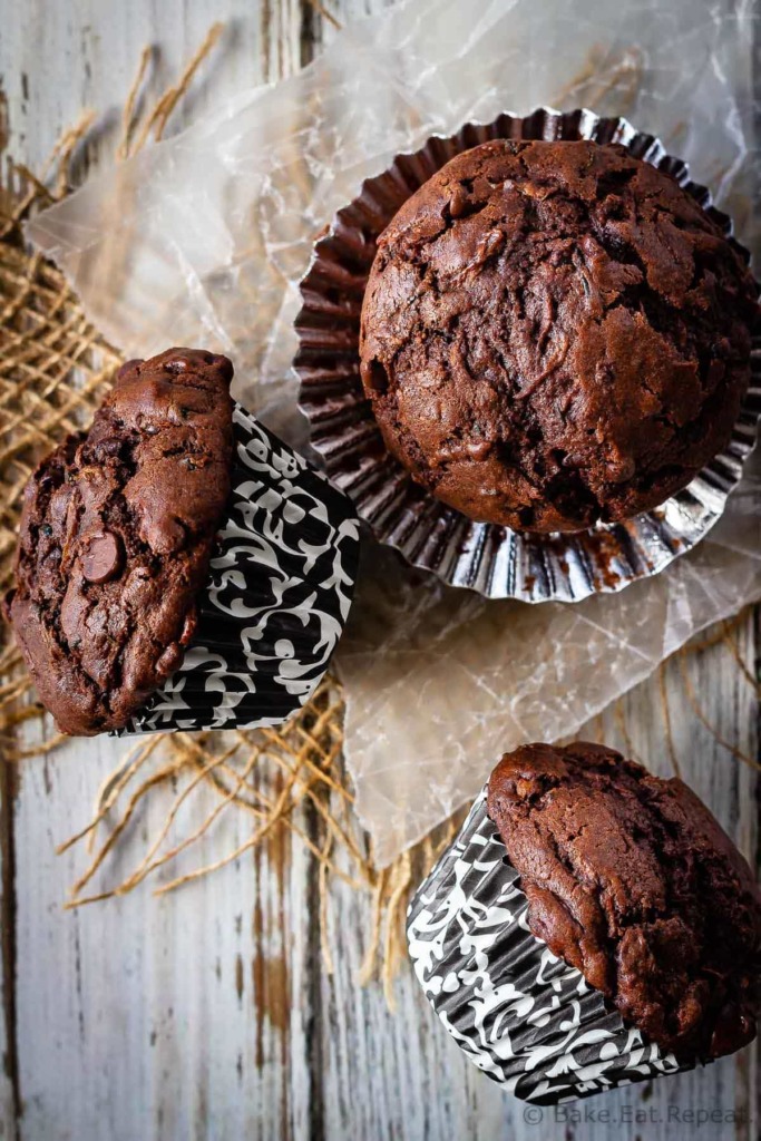 These chocolate zucchini muffins are a great way to use up all that garden zucchini! Moist, chocolatey, delicious muffins that everyone will love!