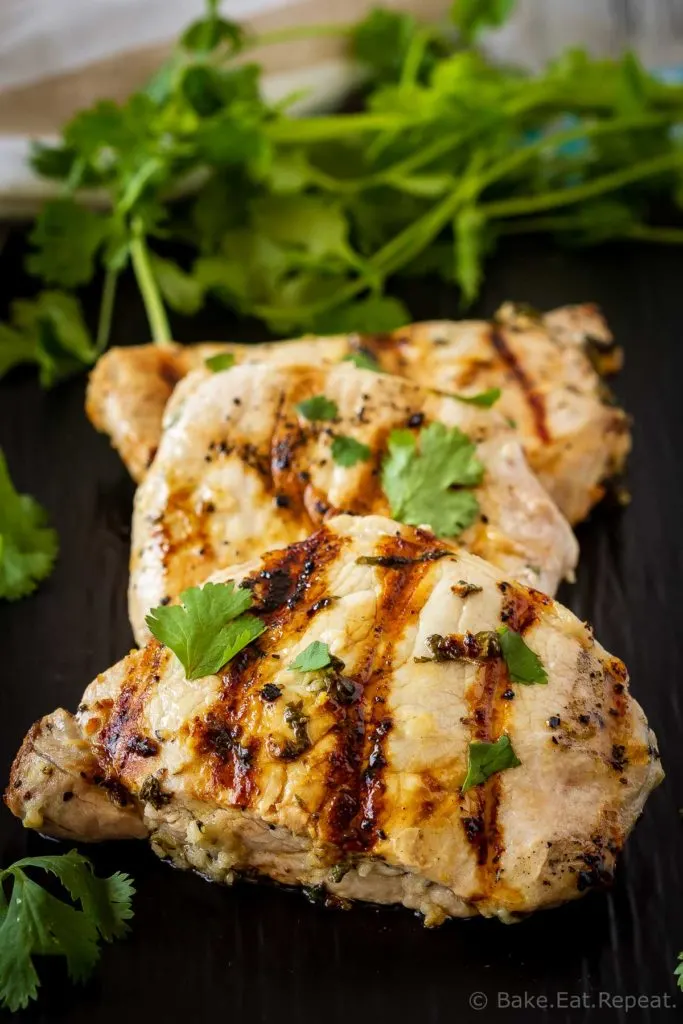 This cilantro lime pork chop marinade is easy to mix up and adds so much flavour to pork chops. Marinate and then grill, pan fry, or bake, or freeze for later!