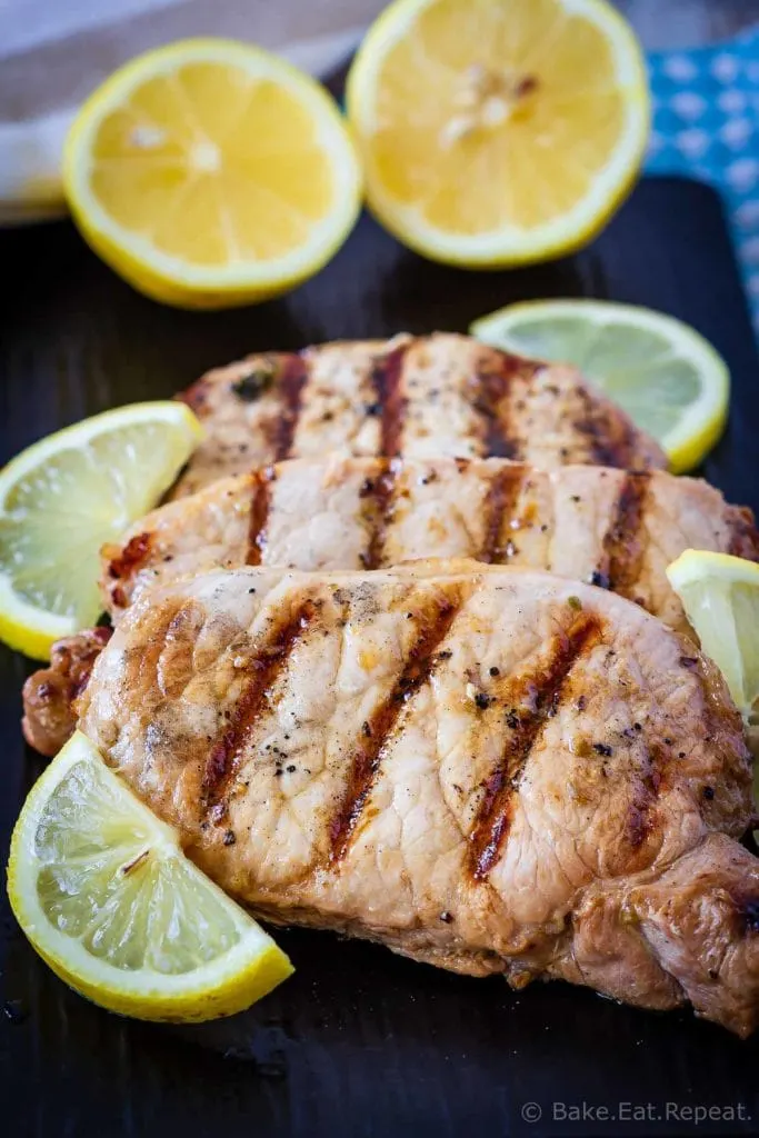 This lemon garlic pork chop marinade is easy to mix up and adds so much flavour to pork chops. Marinate and then grill, pan fry, or bake, or freeze for later!