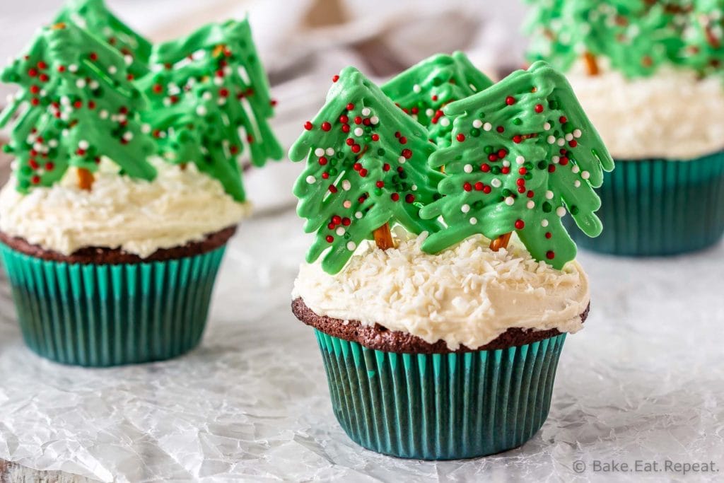 Christmas cupcakes with Christmas tree toppers made from pretzels and candy melts