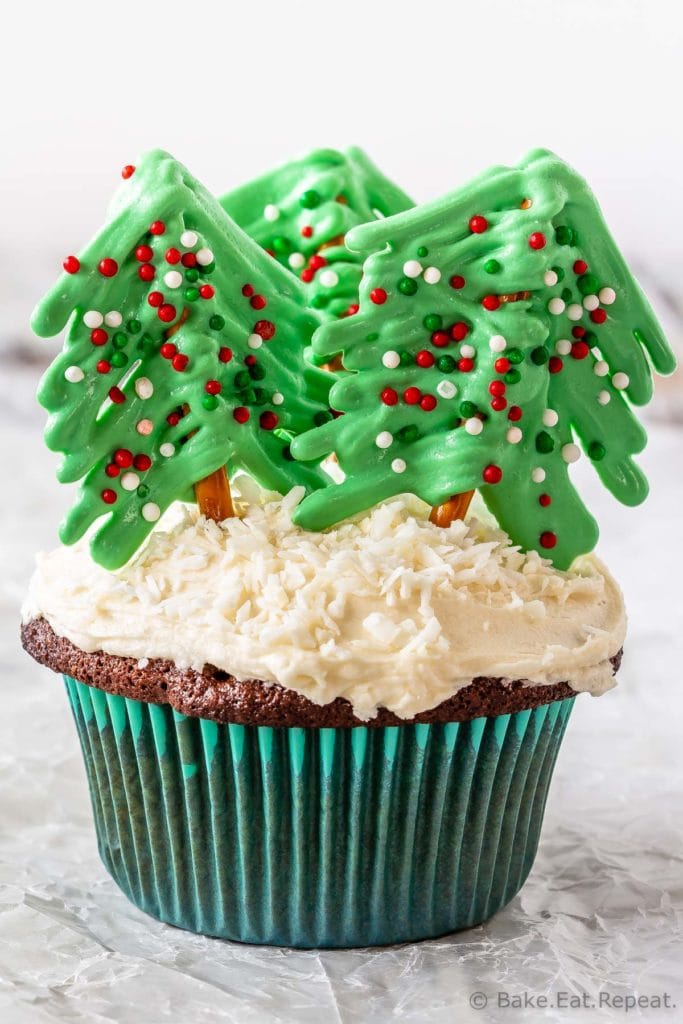 Christmas Tree cupcakes with Christmas tree toppers made from pretzels and candy melts