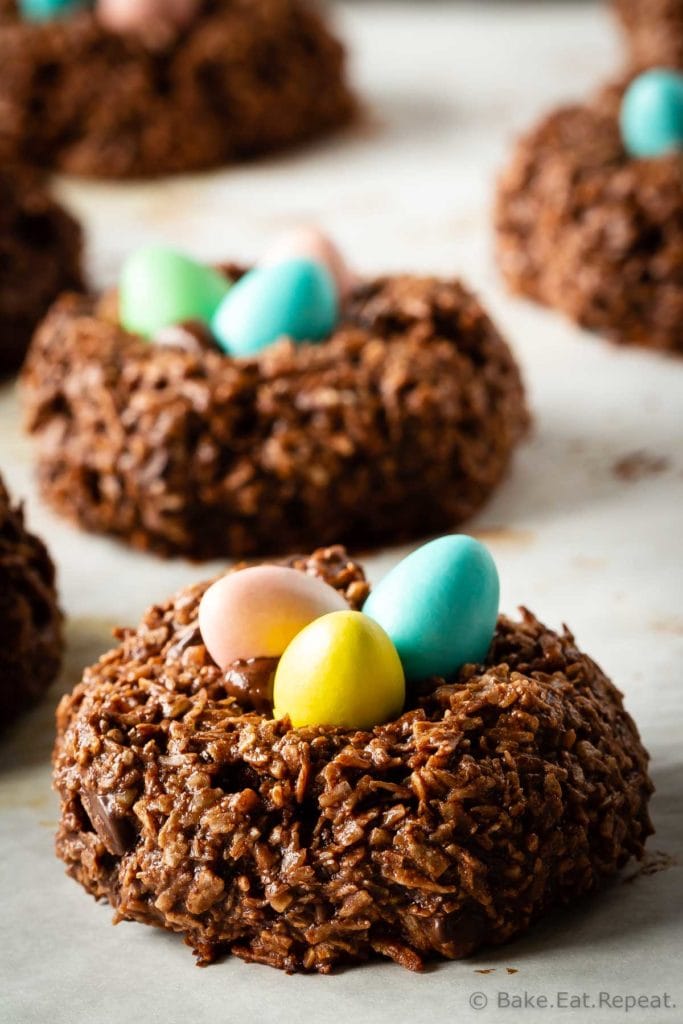 Chocolate macaroon bird's nest cookies