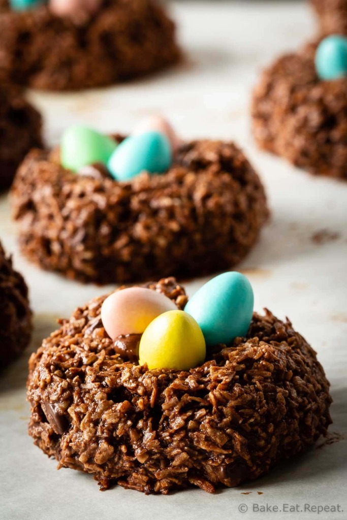 Chocolate macaroon bird's nest cookies