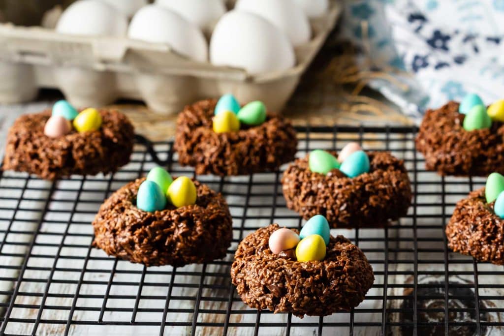 Chocolate macaroon birds nest cookies
