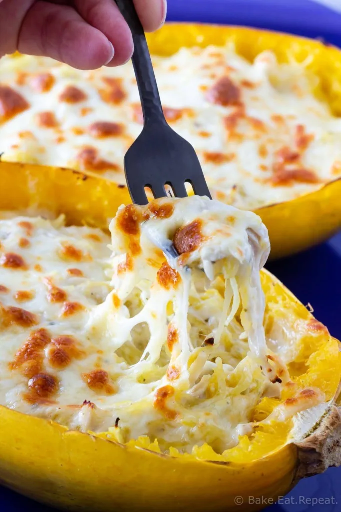 Chicken alfredo stuffed spaghetti squash