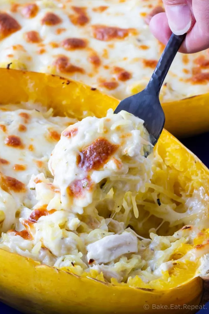 Easy to make chicken alfredo stuffed spaghetti squash