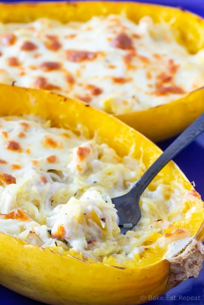 Healthier chicken alfredo with homemade alfredo sauce and spaghetti squash instead of pasta