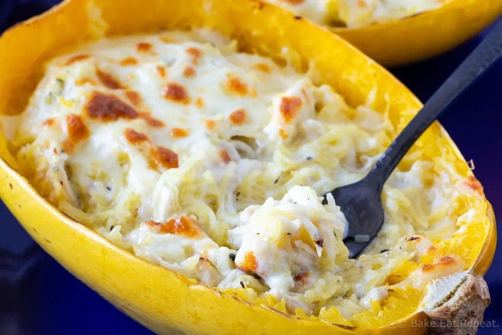 Quick and easy chicken alfredo stuffed spaghetti squash