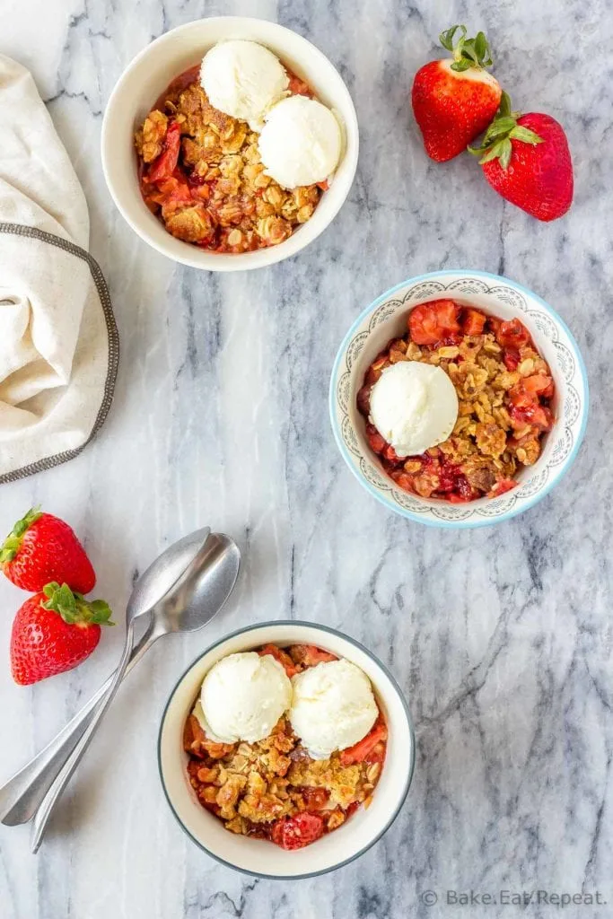 Easy to make fruit crisp dessert with strawberries and rhubarb