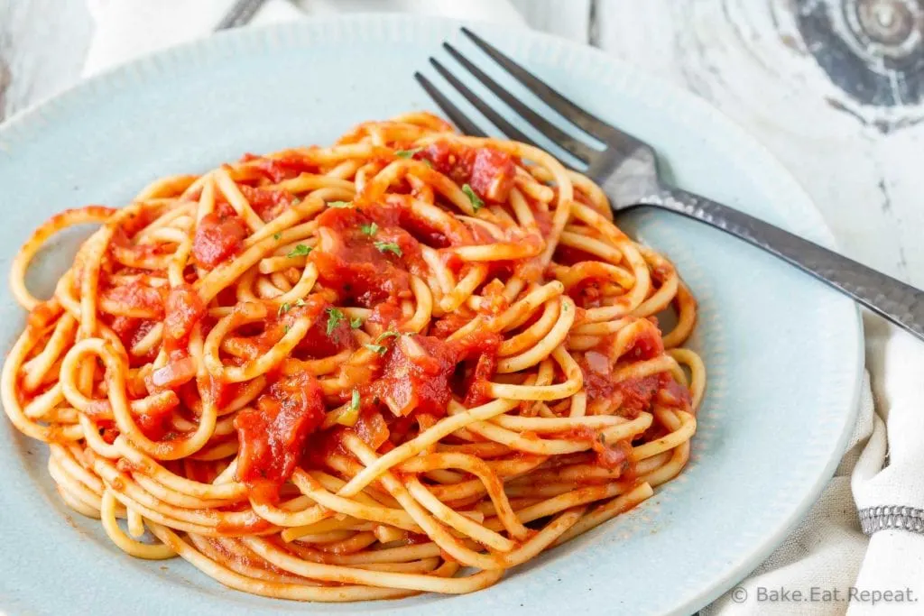 Homemade marinara sauce on spaghetti noodles