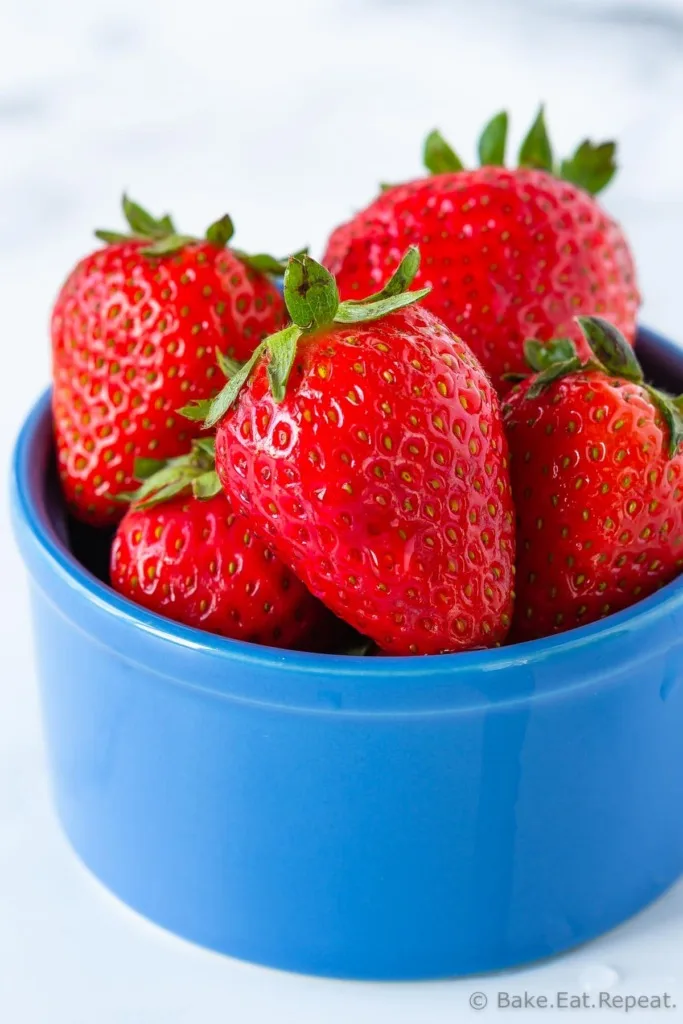 One serving of strawberries in a bowl