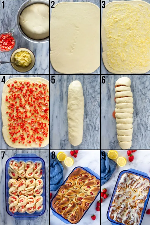 Step by step photos showing how to make strawberry lemon sweet rolls.