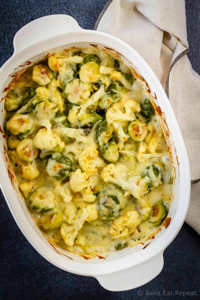 Roasted brussel sprouts and cauliflower gratin