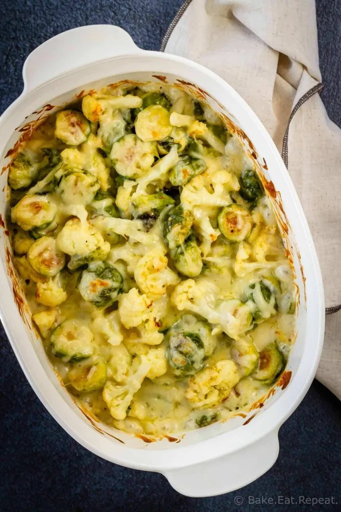 Roasted brussel sprouts and cauliflower gratin