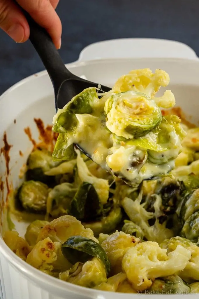 Easy to make, 20 minute cheesy roasted brussels sprouts and cauliflower