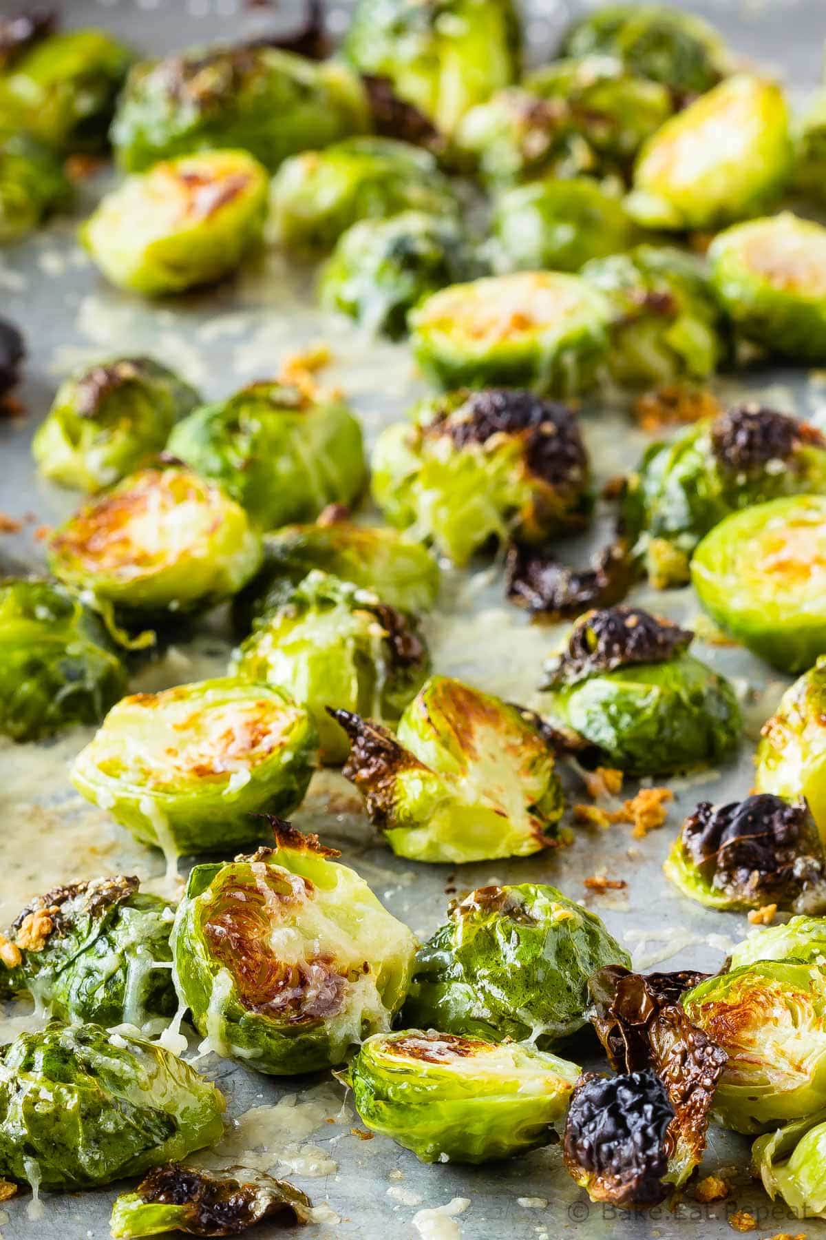 Garlic Parmesan Roasted Brussel Sprouts - Bake. Eat. Repeat.