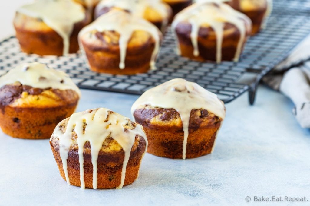 Easy to make, marbled chocolate orange muffins with a sweet orange glaze