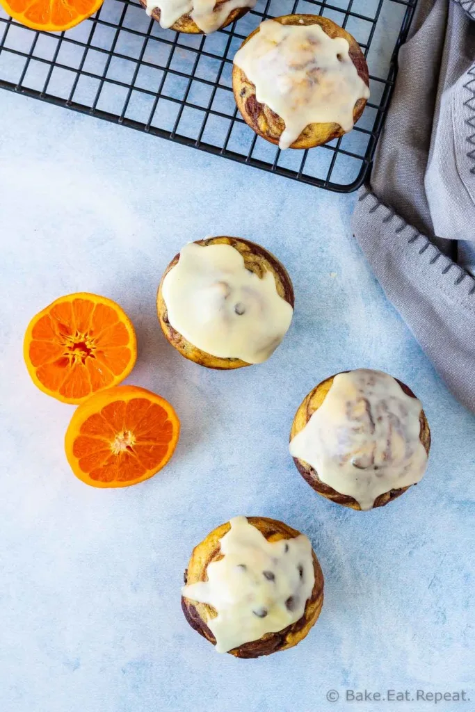 Easy to make, marbled chocolate orange muffins with a sweet orange glaze