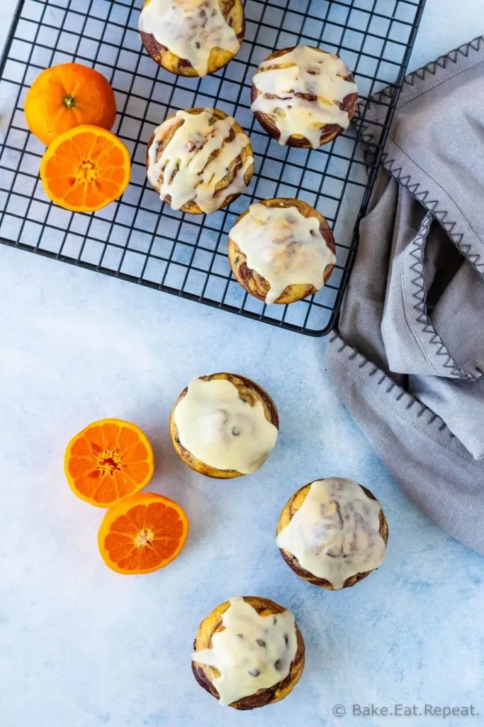 Easy to make, marbled chocolate orange muffins with a sweet orange glaze