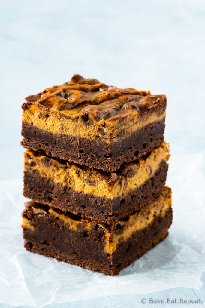 Easy chewy brownies swirled with creamy pumpkin cheesecake