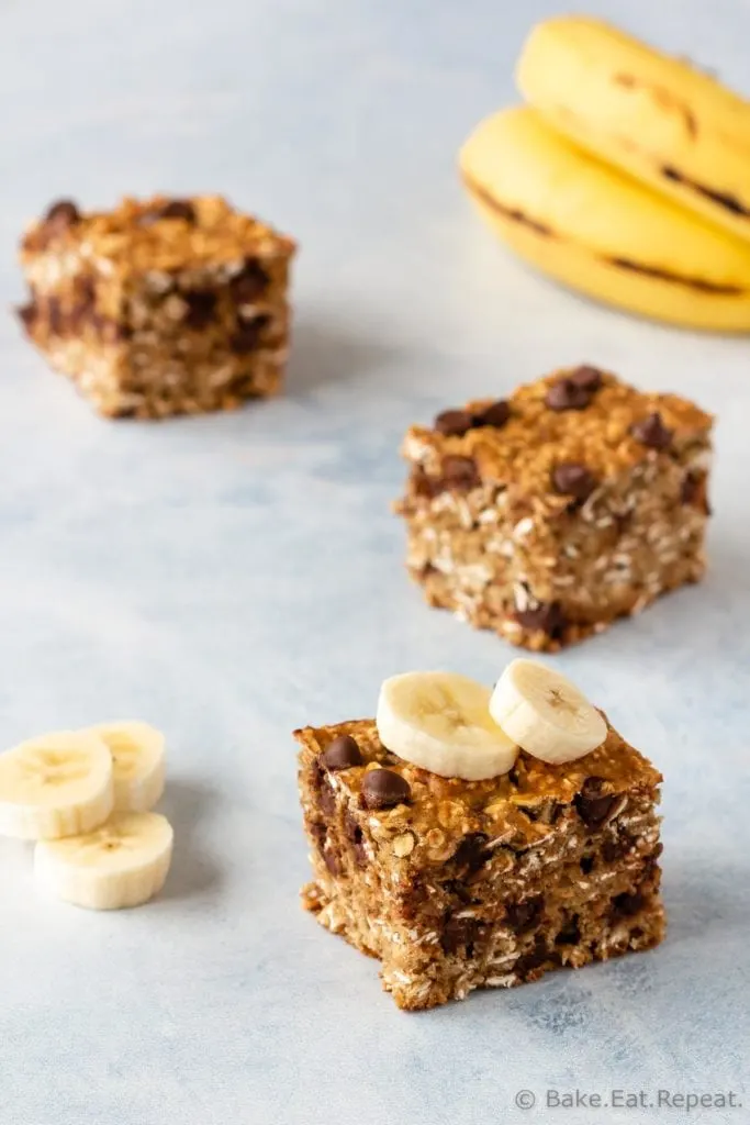 Chocolate chip banana oatmeal bars for an easy snack or breakfast.