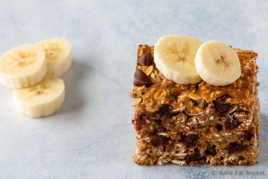 Chocolate chip banana oatmeal bars for an easy snack or breakfast.