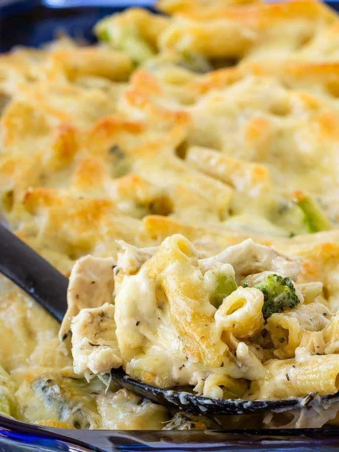 Chicken Alfredo pasta bake with broccoli