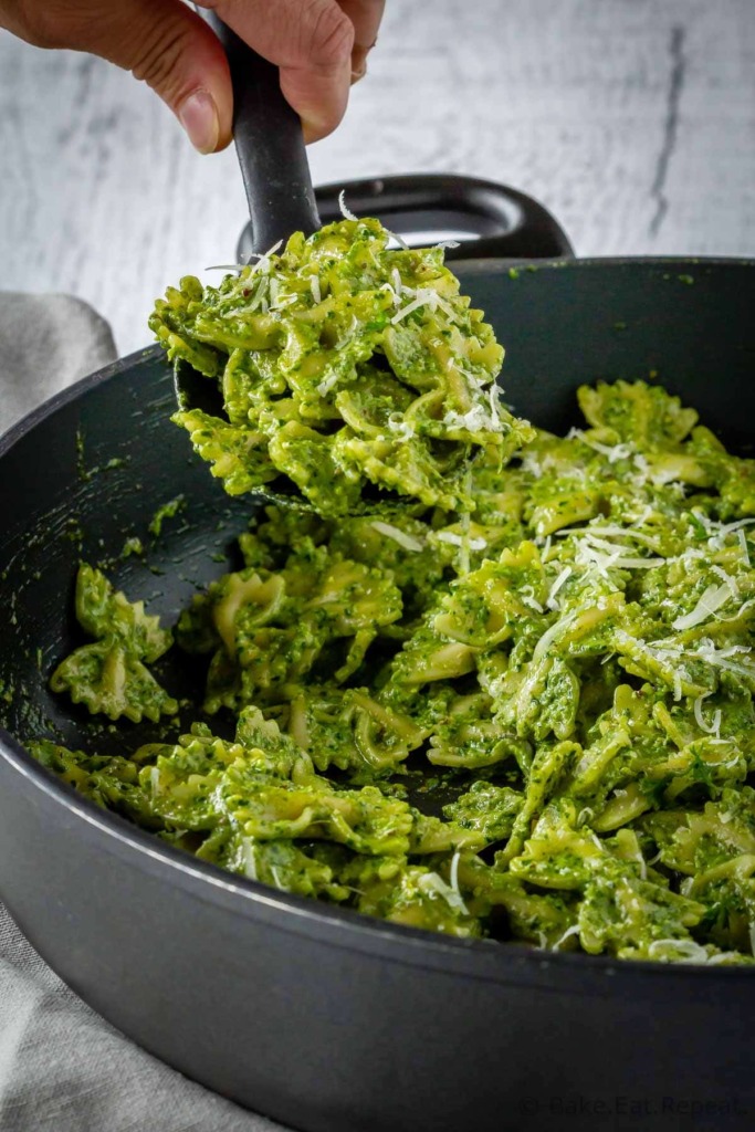 Pesto pasta sauce with bowtie pasta