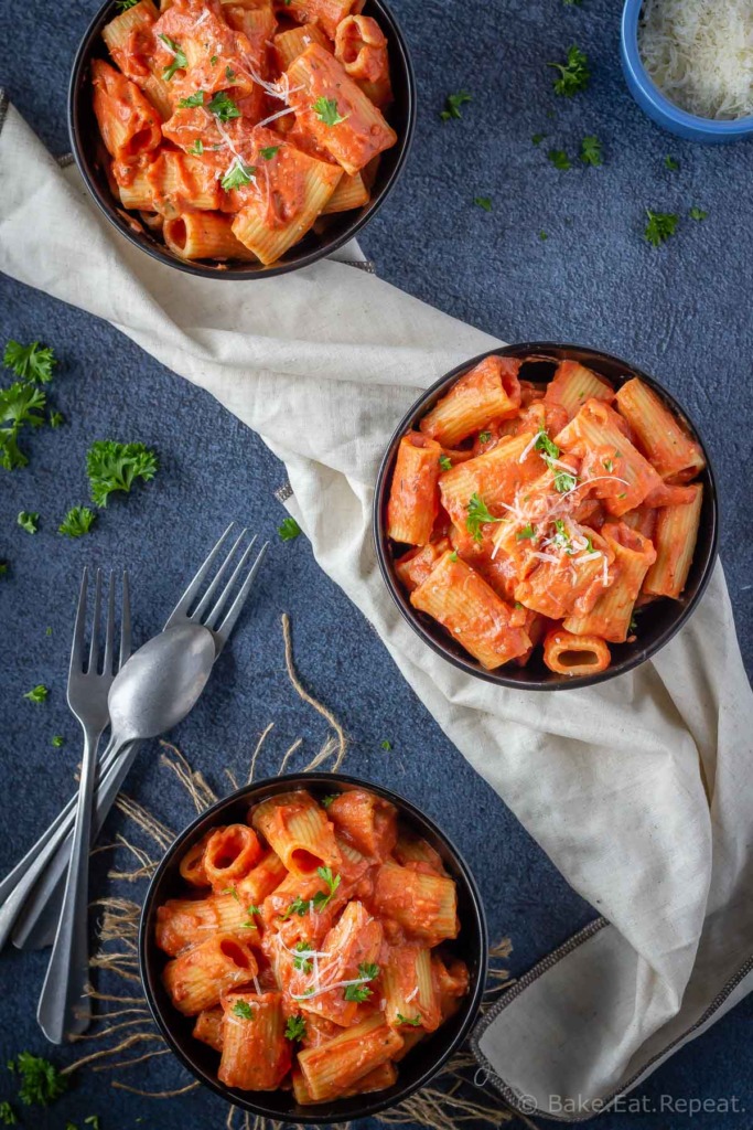 Easy tomato cream sauce on rigatoni