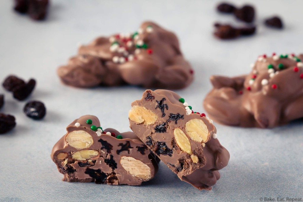 chocolate candy filled with almonds and raisins made in the slow cooker