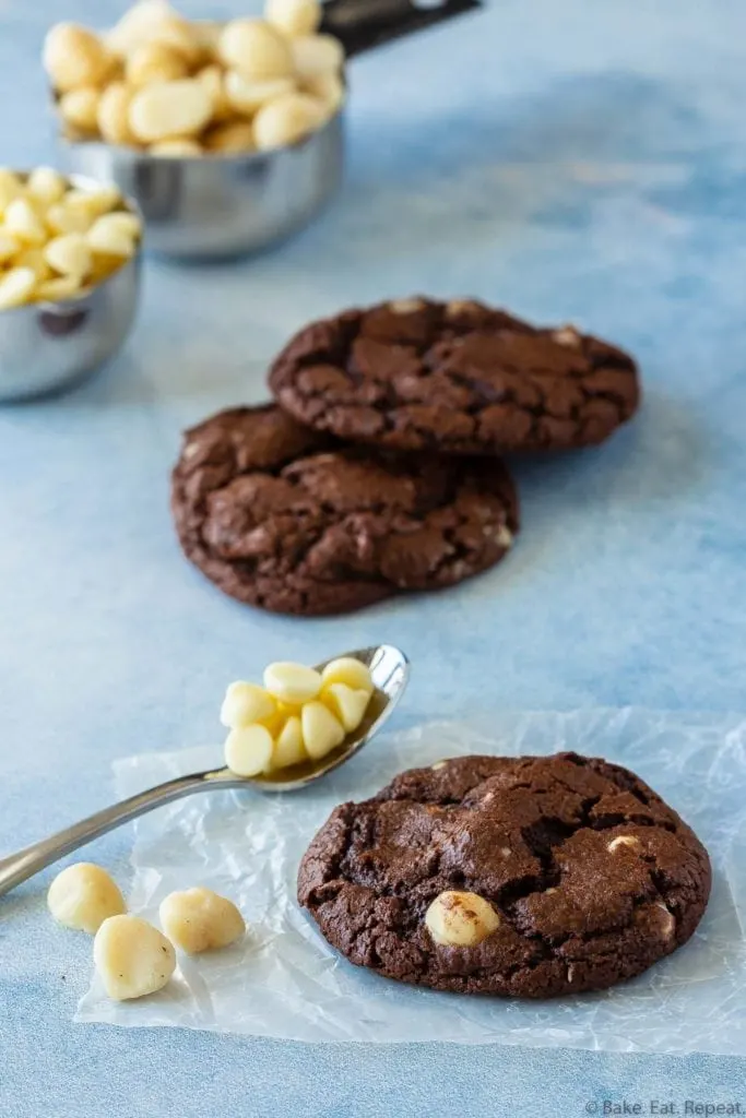 chocolate cookies loaded with macadamia nuts, dark chocolate chips, and white chocolate chips