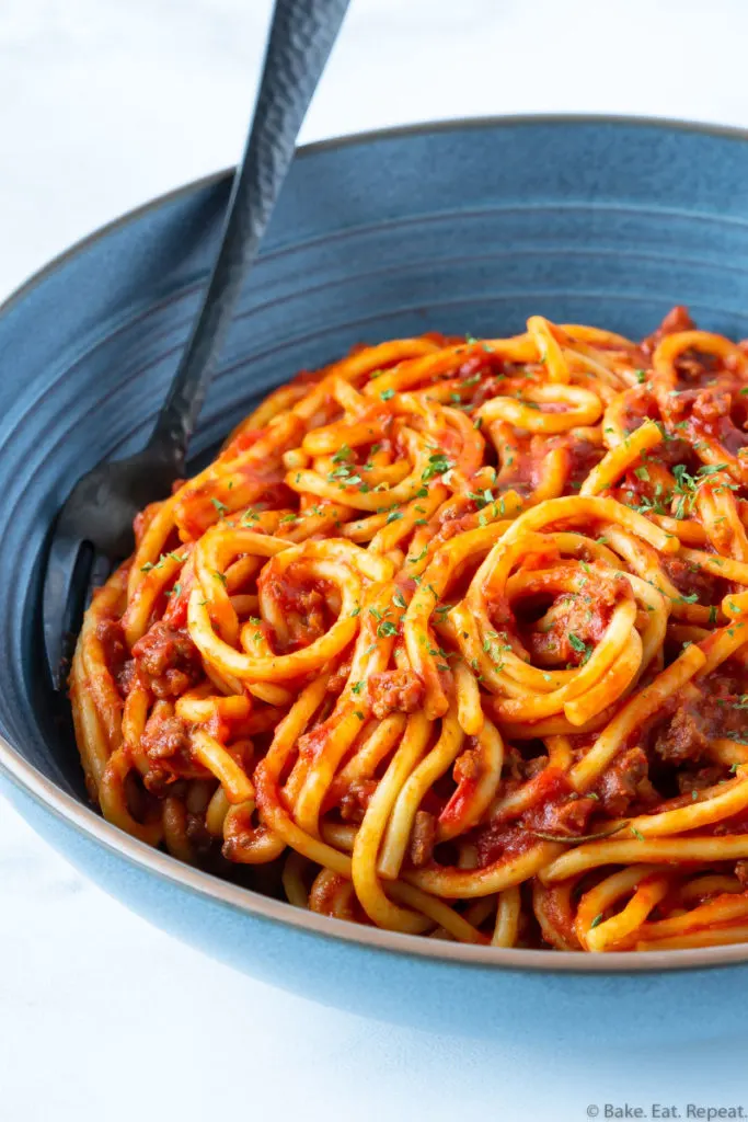 bowl of spaghetti and meat sauce made in the Instant Pot