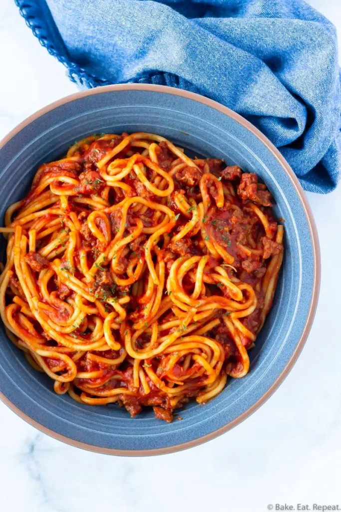 A bowl of spaghetti and meat sauce cooked in the Instant pot