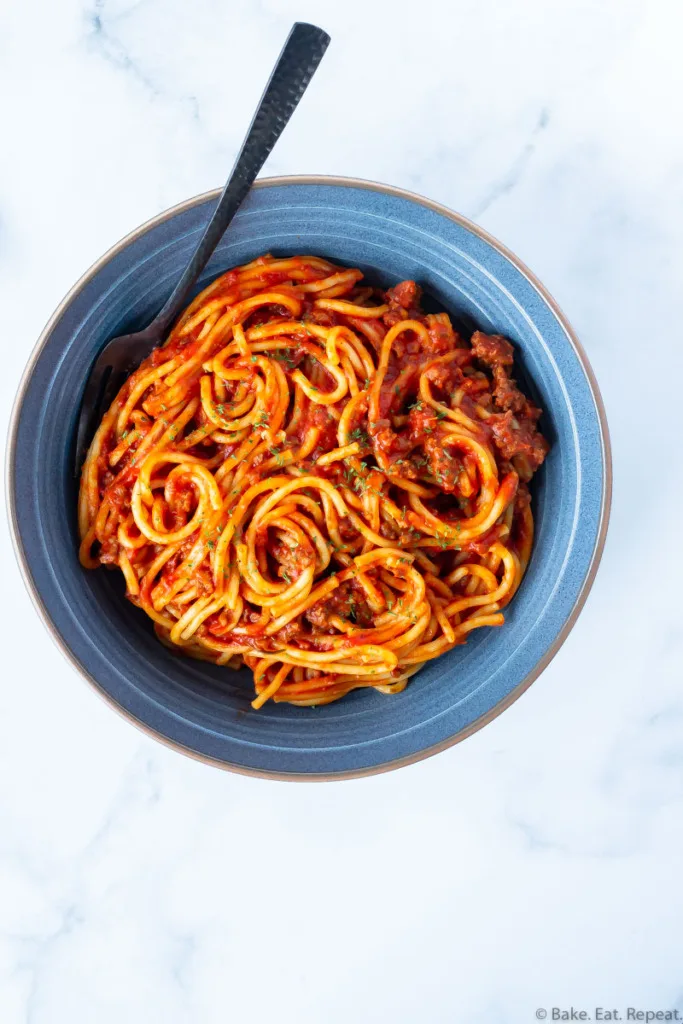 Instant Pot spaghetti and meat sauce in a bowl.