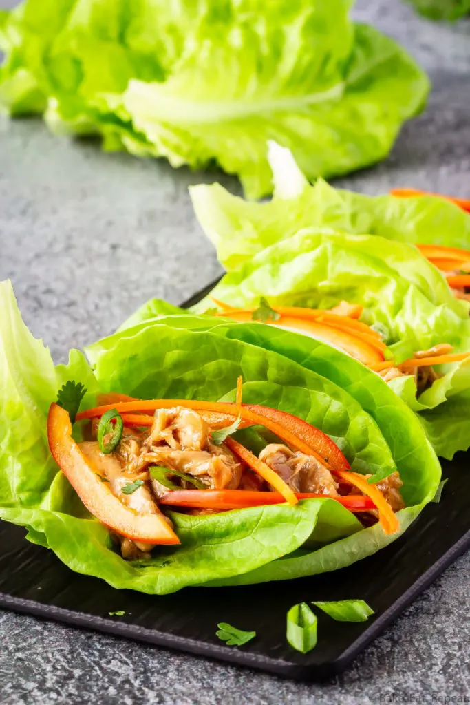 Easy to make hoisin chicken lettuce wraps on a platter.